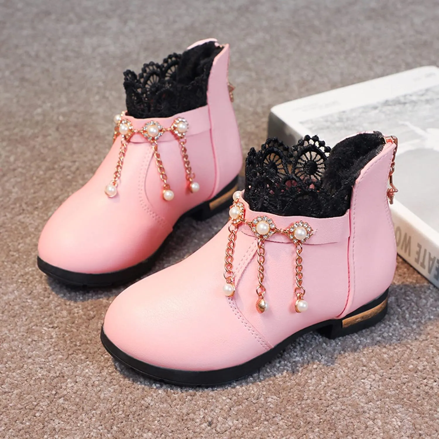 Girl Boots Kids Ankle Boots Pearls Zipper Boots Low Heel Short Booties Anti-Slip Shoes Dressy Shoes for Kids
