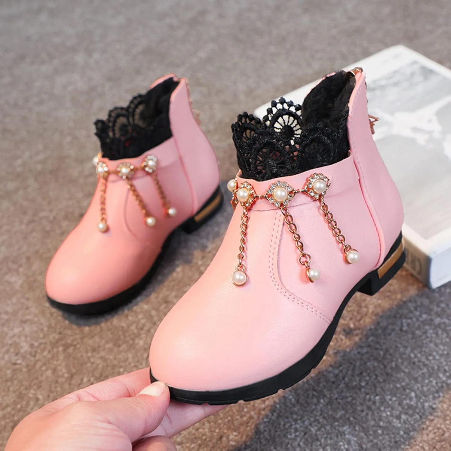 Girl Boots Kids Ankle Boots Pearls Zipper Boots Low Heel Short Booties Anti-Slip Shoes Dressy Shoes for Kids