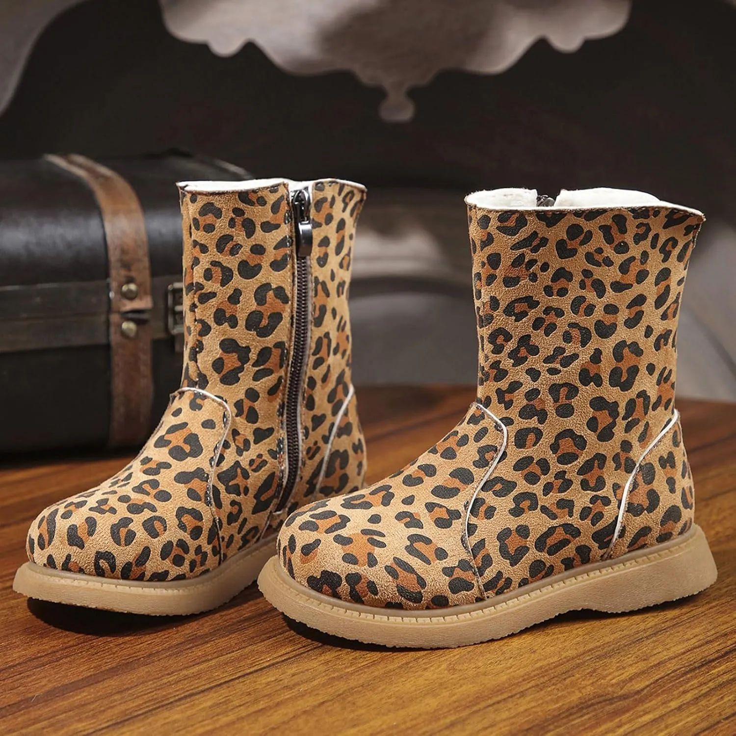 Girls Leopard Zipper Boot Kids Baby Boy Snow Leopard Boots Flat Suede Slip On Comfortable Water Proof Winter Boot