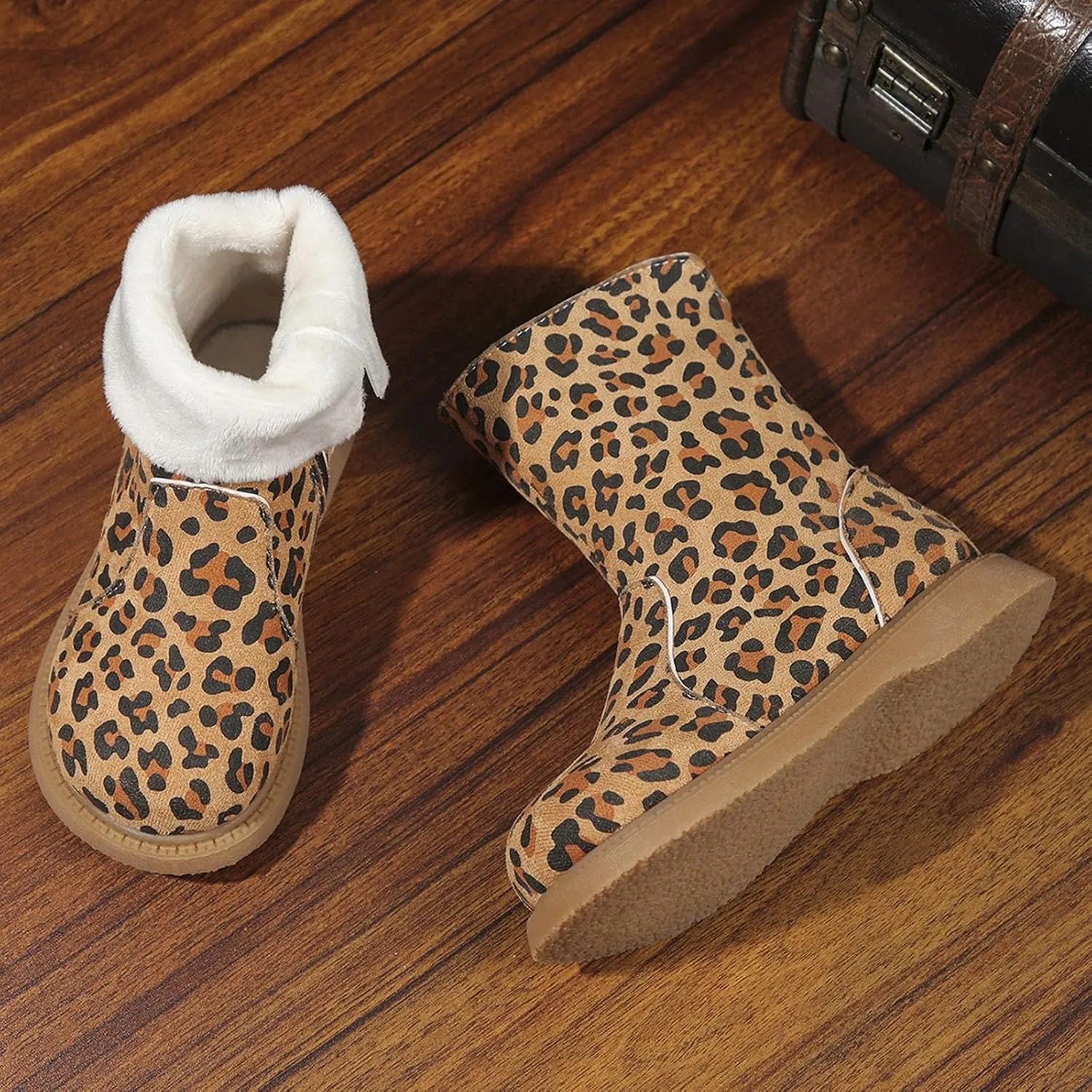 Girls Leopard Zipper Boot Kids Baby Boy Snow Leopard Boots Flat Suede Slip On Comfortable Water Proof Winter Boot