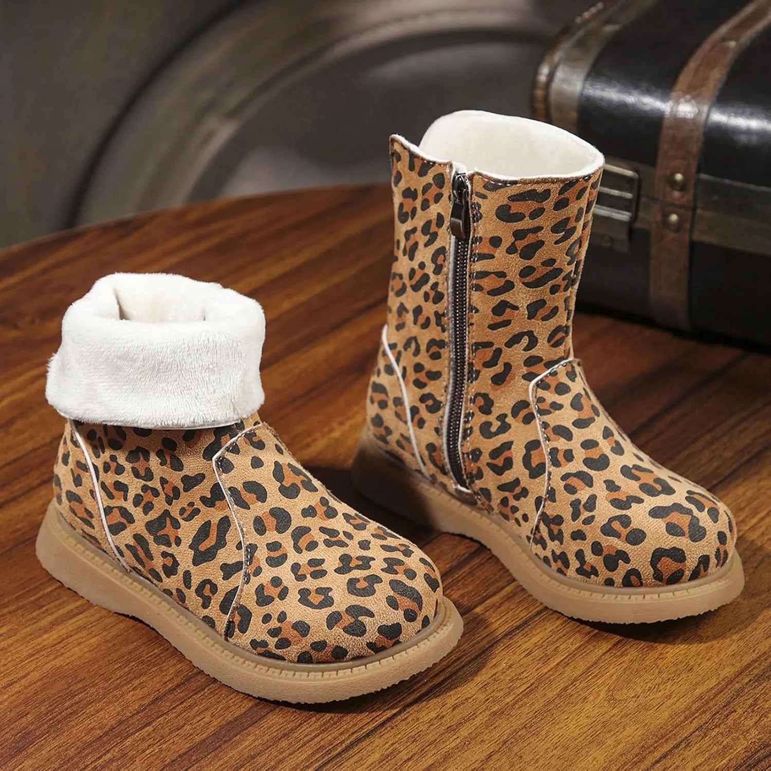 Girls Leopard Zipper Boot Kids Baby Boy Snow Leopard Boots Flat Suede Slip On Comfortable Water Proof Winter Boot