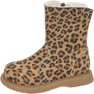 Girls Leopard Zipper Boot Kids Baby Boy Snow Leopard Boots Flat Suede Slip On Comfortable Water Proof Winter Boot