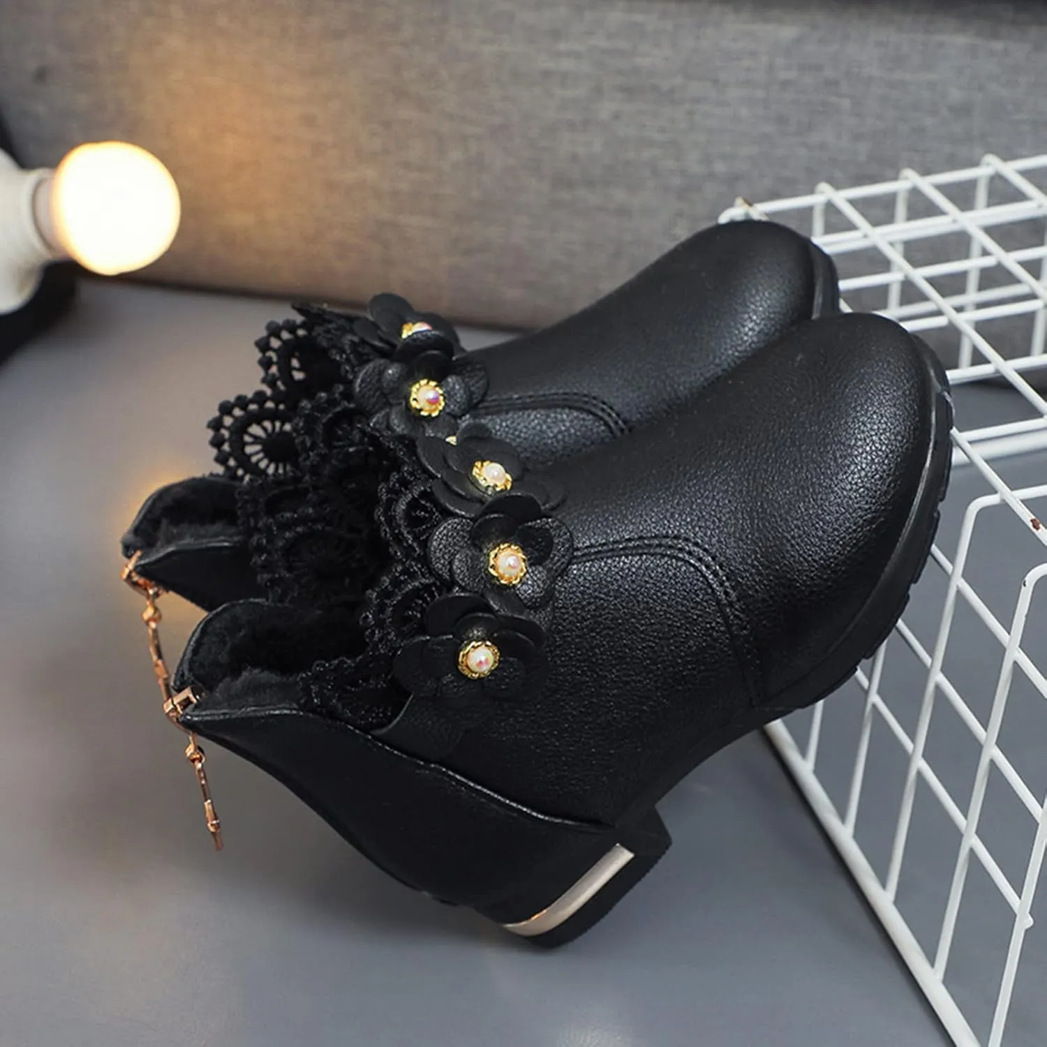 Girl's Low Heel Ankle Booties with Zipper Toddler Kids Fashion Short Ankle Boots Pearls Lace Flower Dress Booties