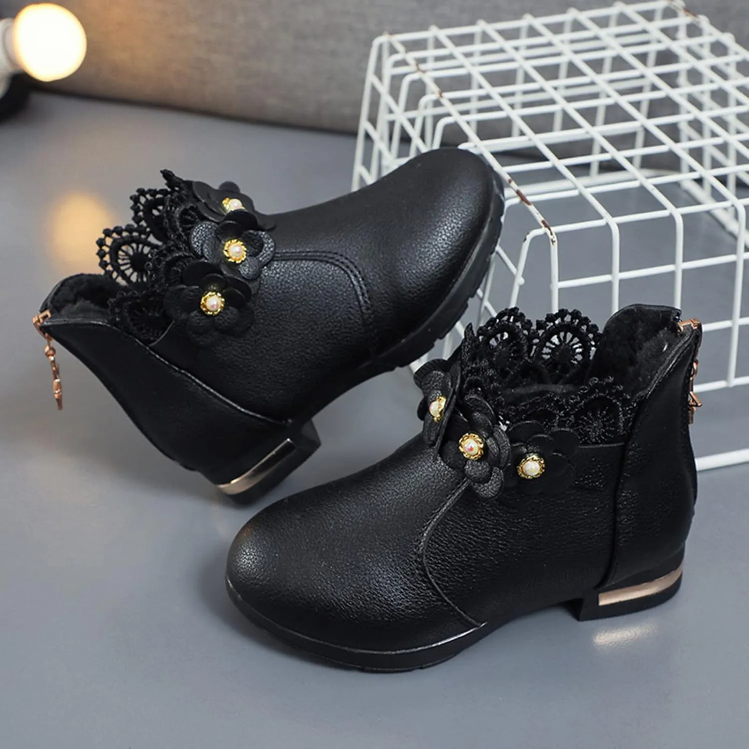 Girl's Low Heel Ankle Booties with Zipper Toddler Kids Fashion Short Ankle Boots Pearls Lace Flower Dress Booties
