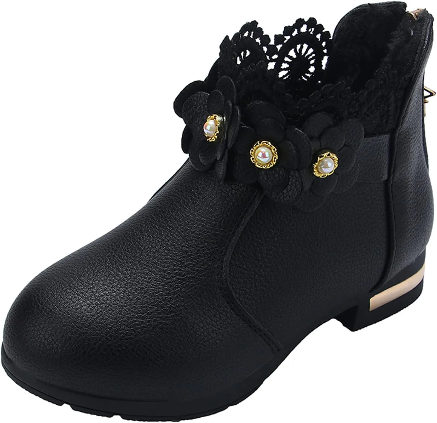 Girl's Low Heel Ankle Booties with Zipper Toddler Kids Fashion Short Ankle Boots Pearls Lace Flower Dress Booties