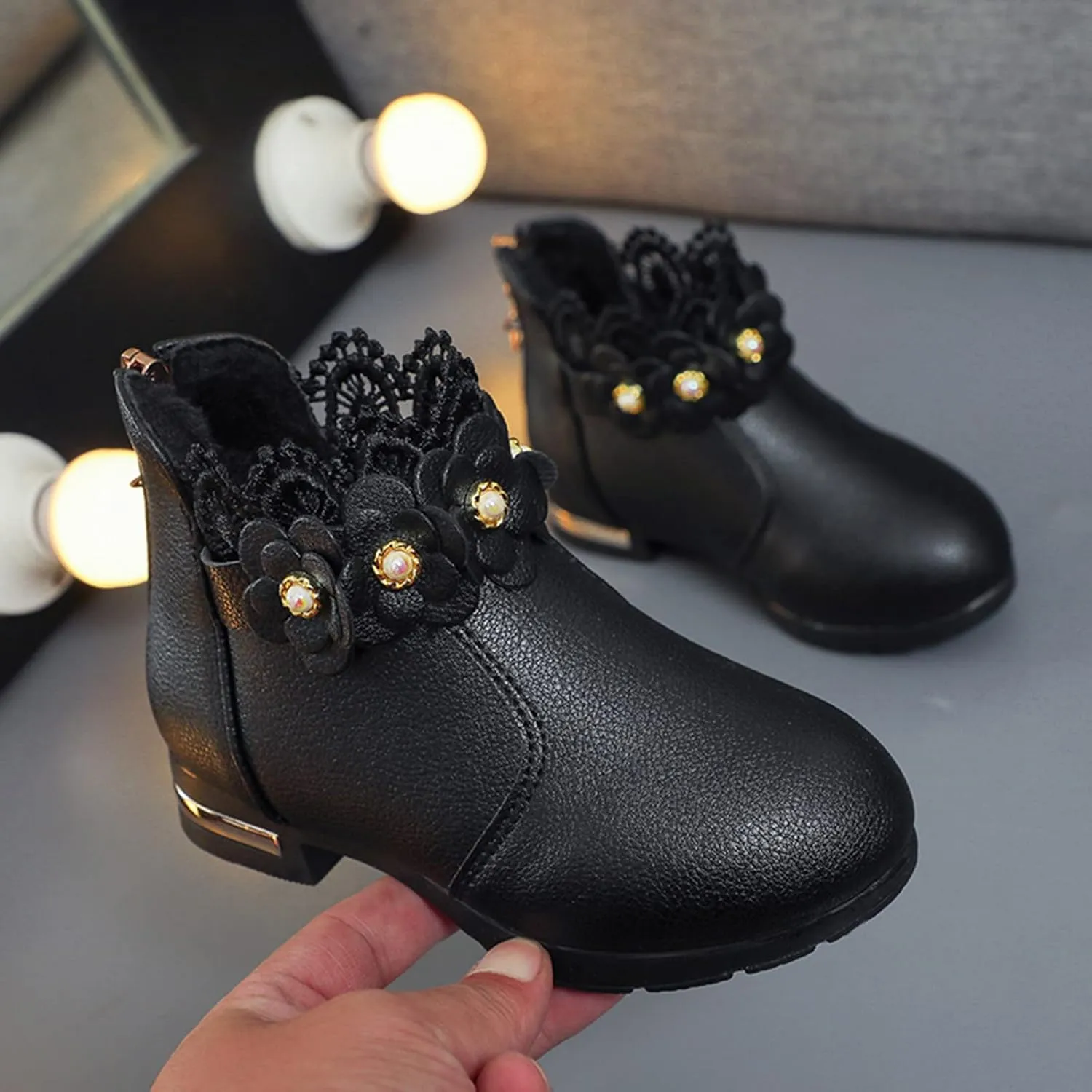Girl's Low Heel Ankle Booties with Zipper Toddler Kids Fashion Short Ankle Boots Pearls Lace Flower Dress Booties