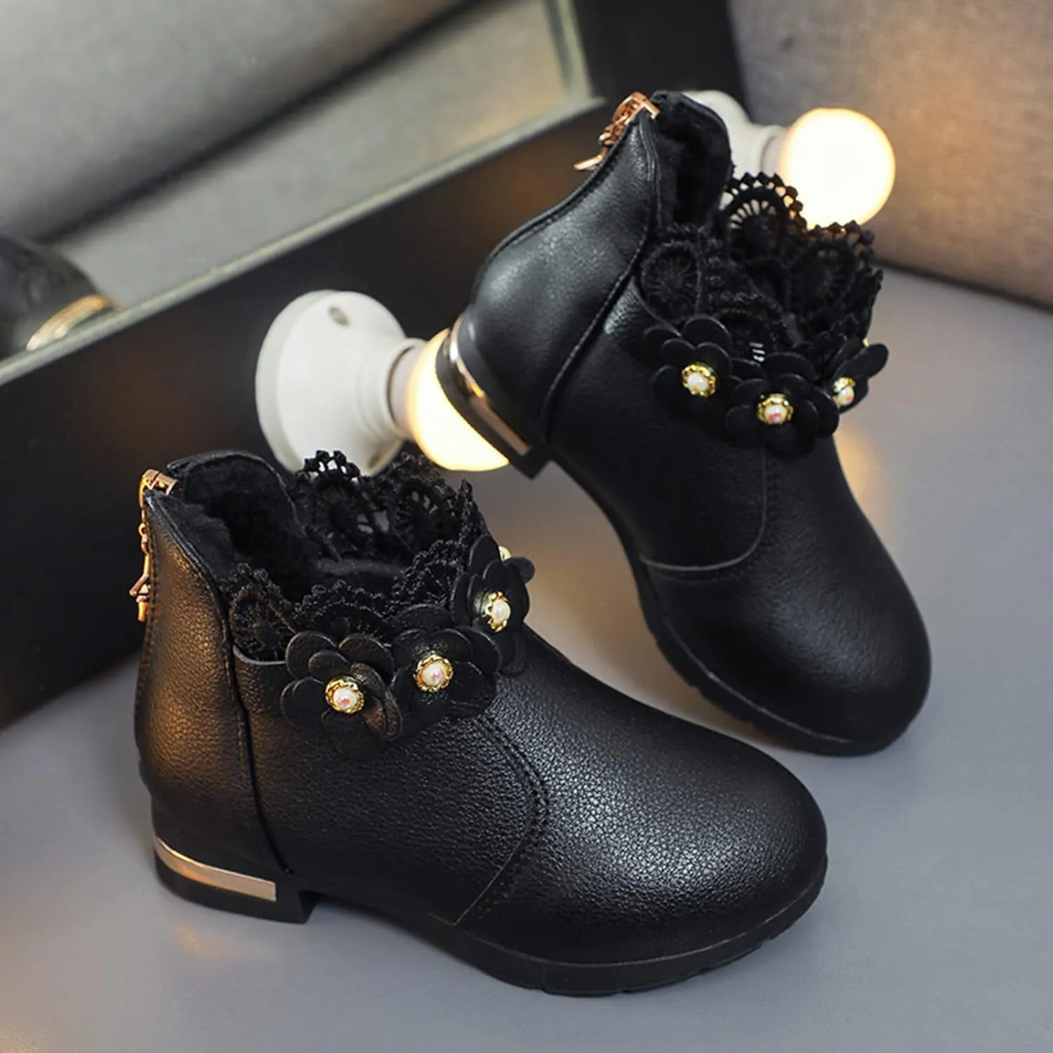 Girl's Low Heel Ankle Booties with Zipper Toddler Kids Fashion Short Ankle Boots Pearls Lace Flower Dress Booties