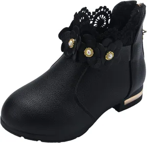 Girl's Low Heel Ankle Booties with Zipper Toddler Kids Fashion Short Ankle Boots Pearls Lace Flower Dress Booties
