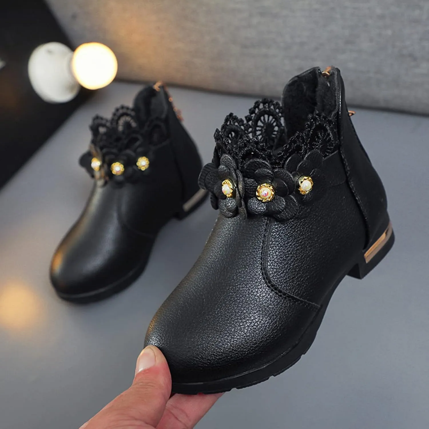 Girl's Low Heel Ankle Booties with Zipper Toddler Kids Fashion Short Ankle Boots Pearls Lace Flower Dress Booties