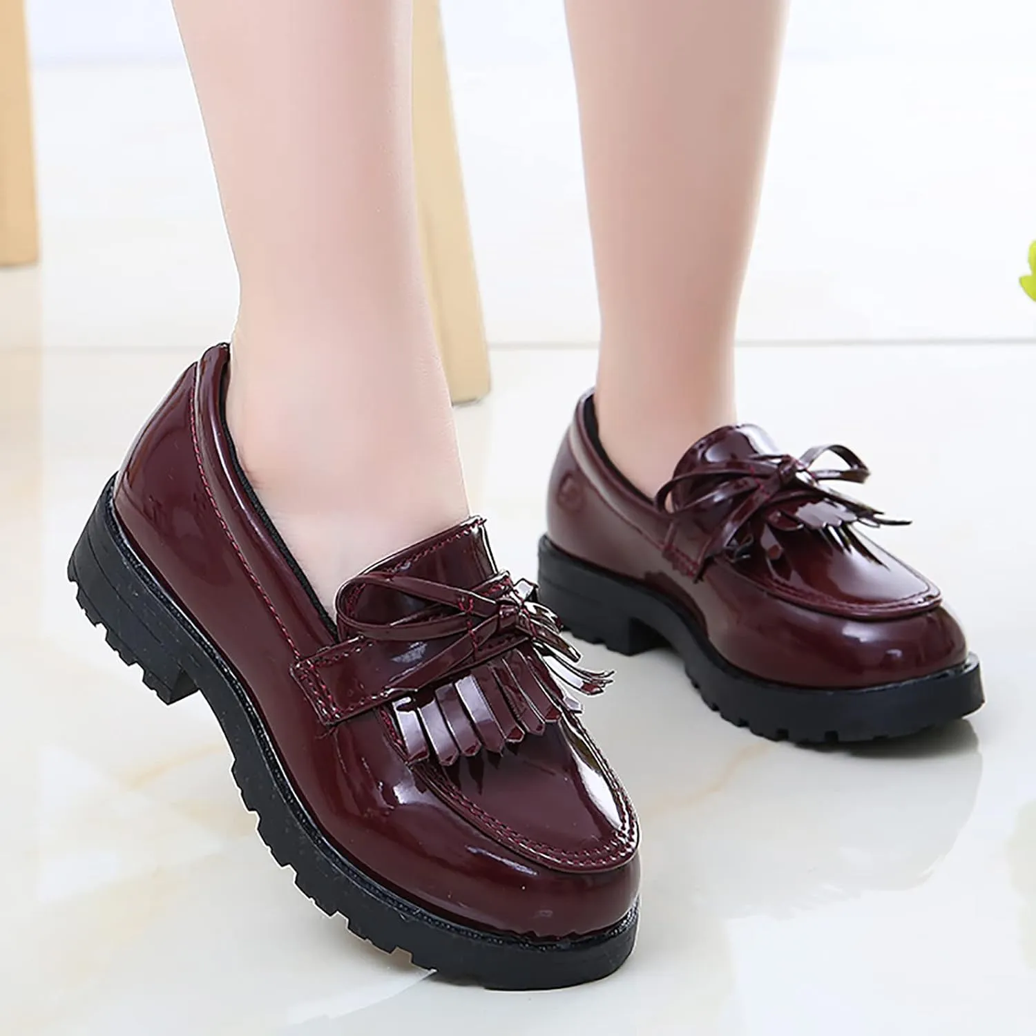 Girls Slip On Leather Loafer Tassel Bow School Dress Shoes for Girls Shoes Light up