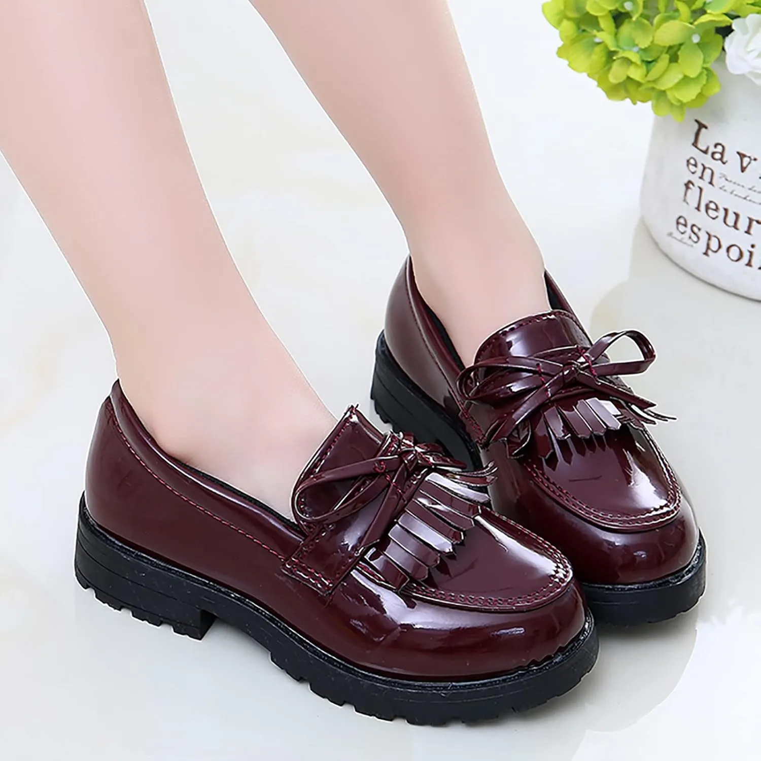 Girls Slip On Leather Loafer Tassel Bow School Dress Shoes for Girls Shoes Light up