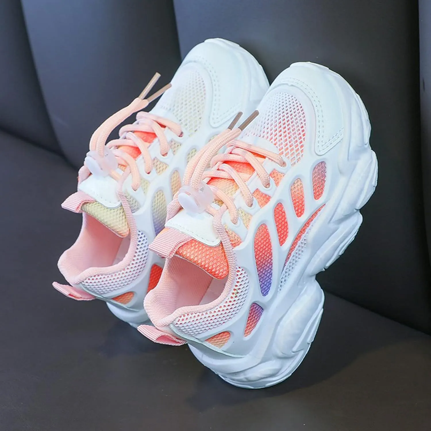 Girls Sneakers Lace up Running Athletic Shoes Lightweight Breathable Jelly Sole Kids Walking Shoes Casual Shoes