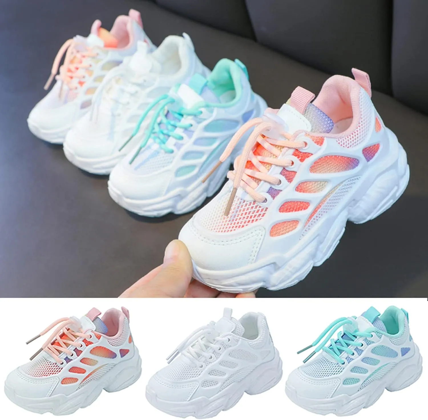 Girls Sneakers Lace up Running Athletic Shoes Lightweight Breathable Jelly Sole Kids Walking Shoes Casual Shoes