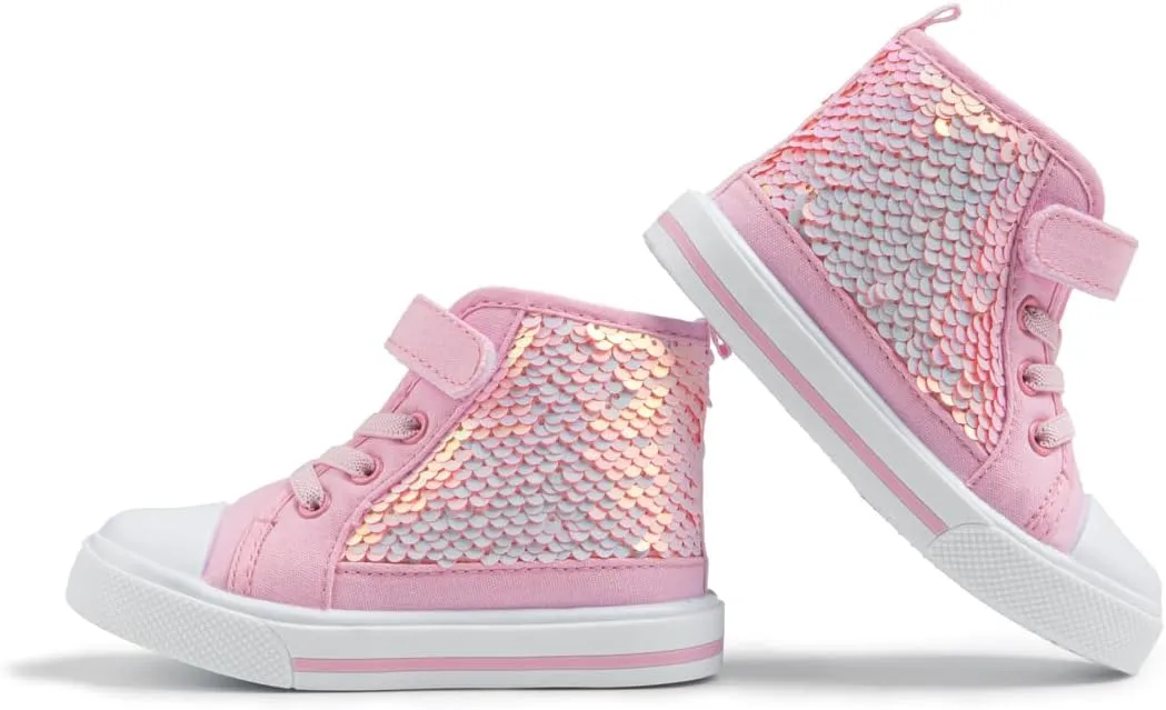 Kannior Toddler Unisex Classic Sequins Canvas Sneaker High Top Slip On Denim Glitter Casual Shoe Sparkle Color Changing Flip Walking Shoes