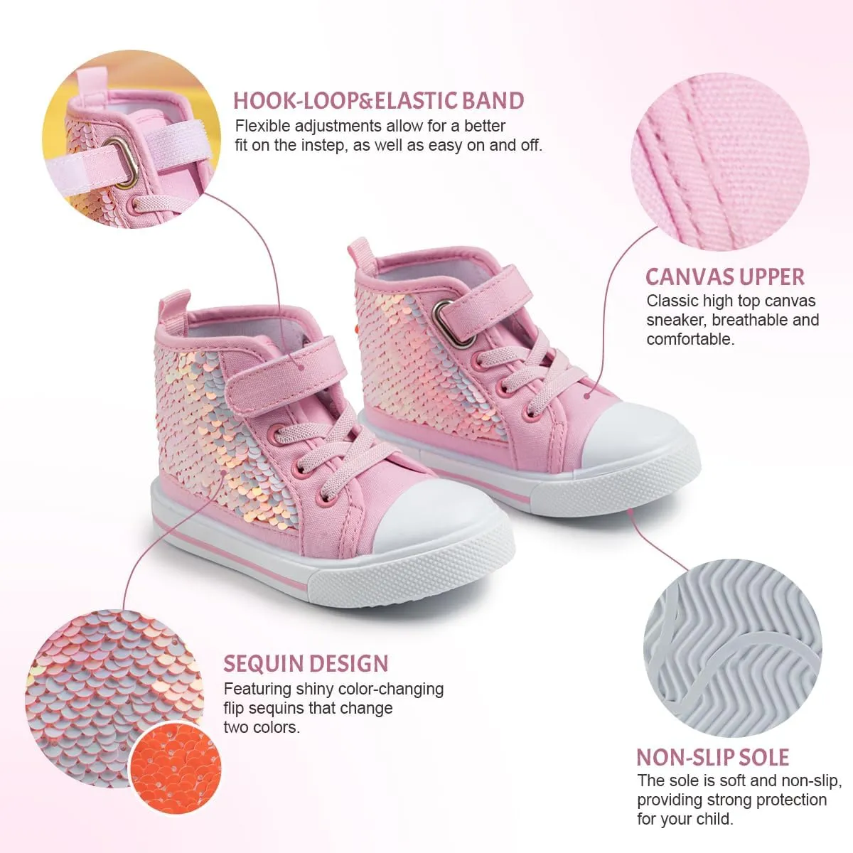 Kannior Toddler Unisex Classic Sequins Canvas Sneaker High Top Slip On Denim Glitter Casual Shoe Sparkle Color Changing Flip Walking Shoes