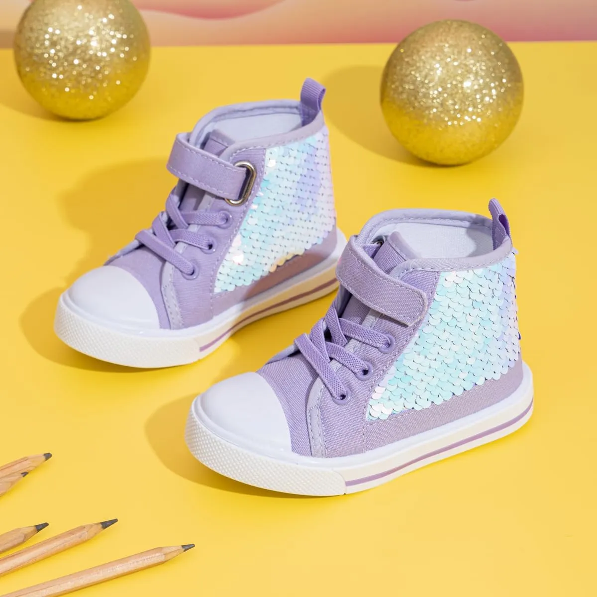 Kannior Toddler Unisex Classic Sequins Canvas Sneaker High Top Slip On Denim Glitter Casual Shoe Sparkle Color Changing Flip Walking Shoes