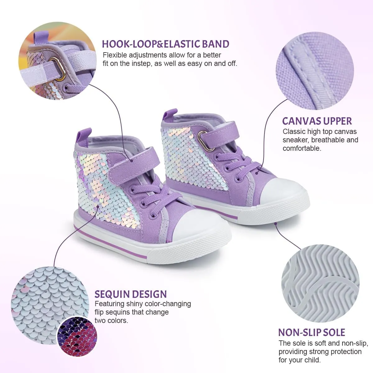 Kannior Toddler Unisex Classic Sequins Canvas Sneaker High Top Slip On Denim Glitter Casual Shoe Sparkle Color Changing Flip Walking Shoes