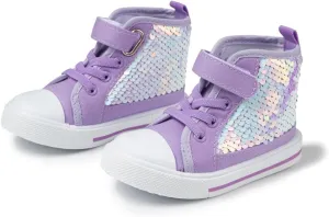 Kannior Toddler Unisex Classic Sequins Canvas Sneaker High Top Slip On Denim Glitter Casual Shoe Sparkle Color Changing Flip Walking Shoes
