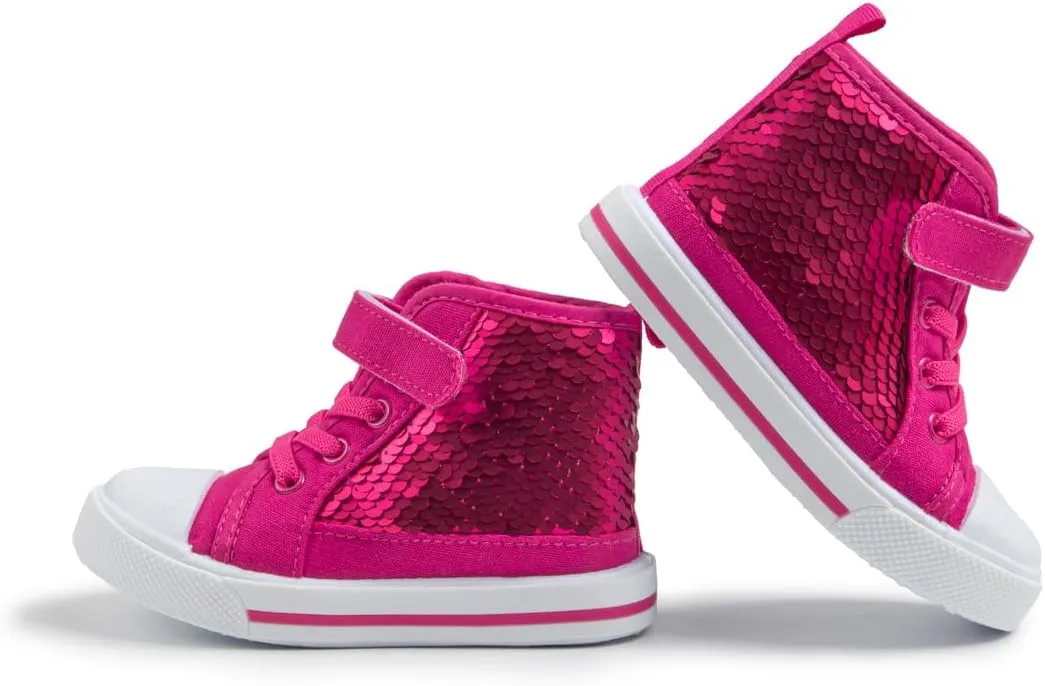Kannior Toddler Unisex Classic Sequins Canvas Sneaker High Top Slip On Denim Glitter Casual Shoe Sparkle Color Changing Flip Walking Shoes