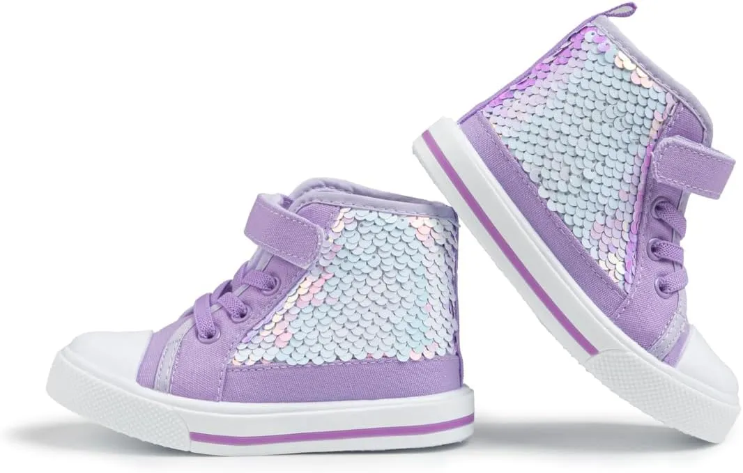Kannior Toddler Unisex Classic Sequins Canvas Sneaker High Top Slip On Denim Glitter Casual Shoe Sparkle Color Changing Flip Walking Shoes