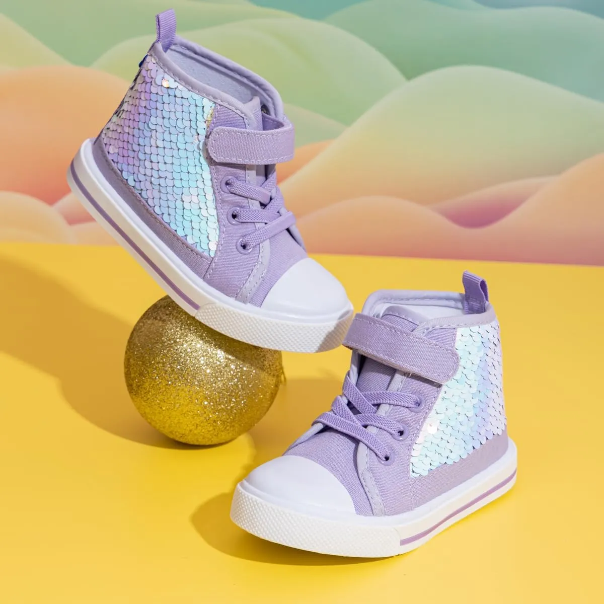 Kannior Toddler Unisex Classic Sequins Canvas Sneaker High Top Slip On Denim Glitter Casual Shoe Sparkle Color Changing Flip Walking Shoes