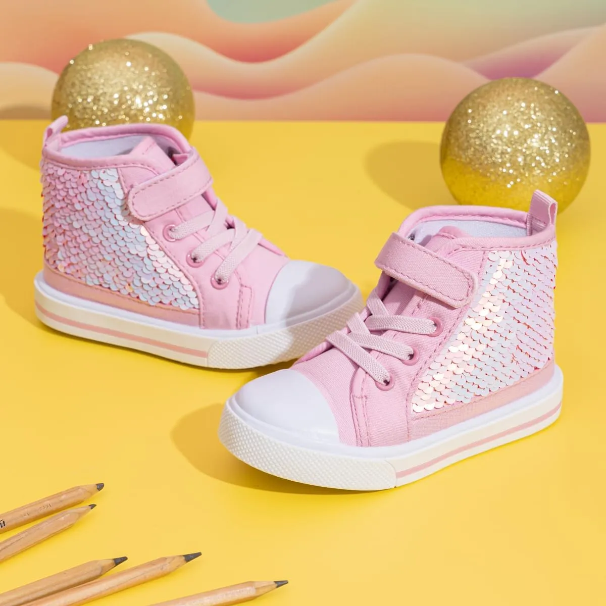 Kannior Toddler Unisex Classic Sequins Canvas Sneaker High Top Slip On Denim Glitter Casual Shoe Sparkle Color Changing Flip Walking Shoes