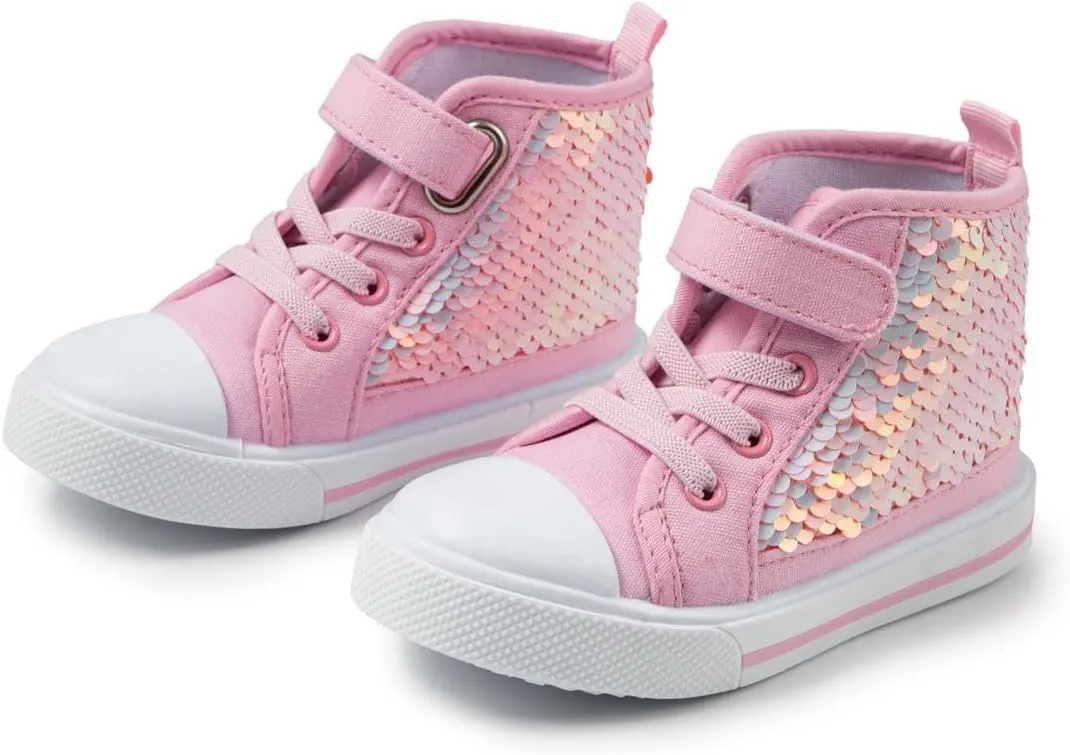Kannior Toddler Unisex Classic Sequins Canvas Sneaker High Top Slip On Denim Glitter Casual Shoe Sparkle Color Changing Flip Walking Shoes