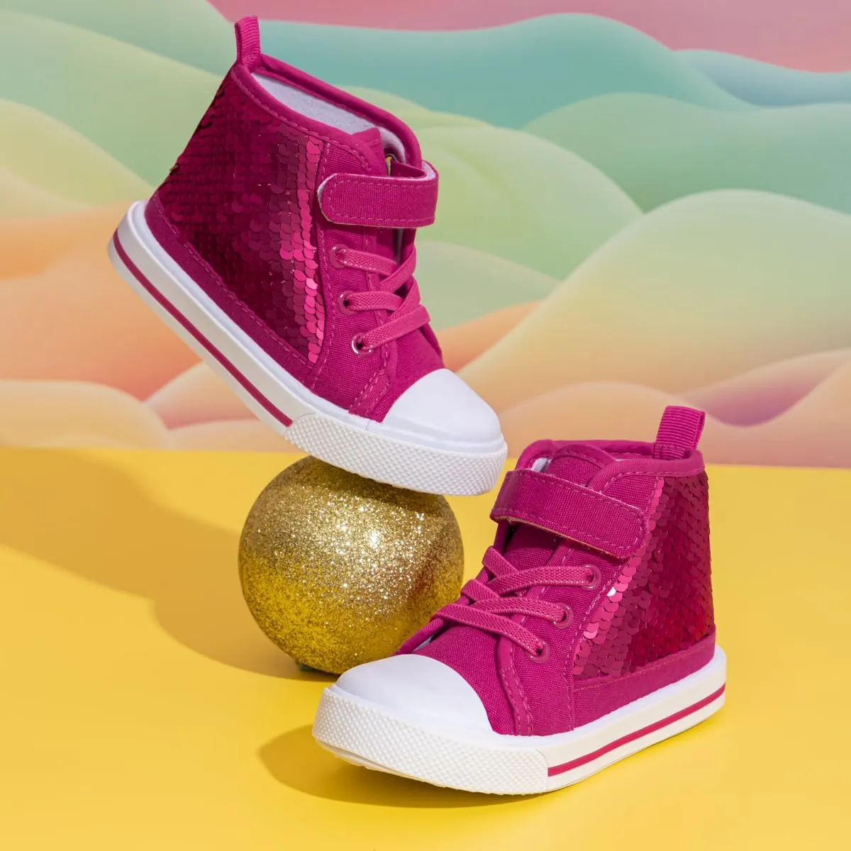 Kannior Toddler Unisex Classic Sequins Canvas Sneaker High Top Slip On Denim Glitter Casual Shoe Sparkle Color Changing Flip Walking Shoes
