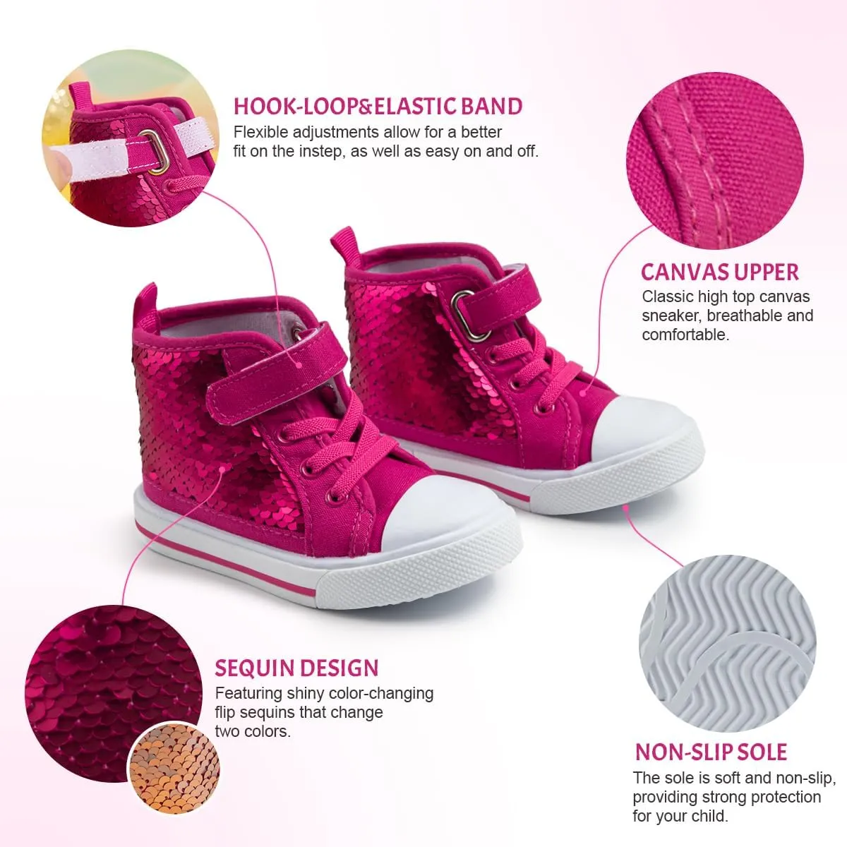 Kannior Toddler Unisex Classic Sequins Canvas Sneaker High Top Slip On Denim Glitter Casual Shoe Sparkle Color Changing Flip Walking Shoes