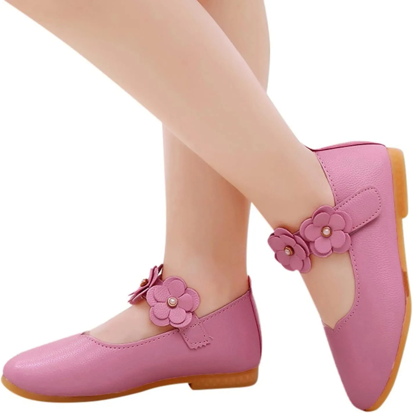 Kids Girls Flowers PU Leather Dress Shoes Strap Slip on Dance Walking Single Shoes for Wedding Party School