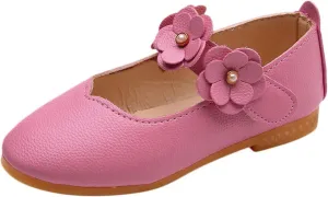 Kids Girls Flowers PU Leather Dress Shoes Strap Slip on Dance Walking Single Shoes for Wedding Party School