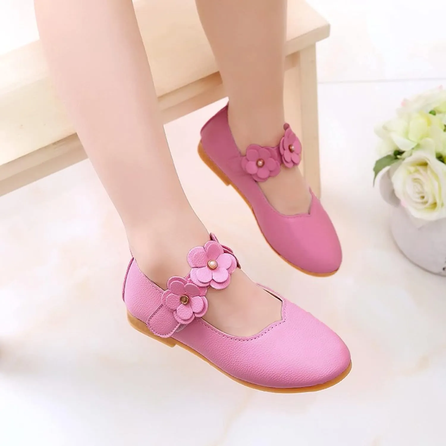 Kids Girls Flowers PU Leather Dress Shoes Strap Slip on Dance Walking Single Shoes for Wedding Party School