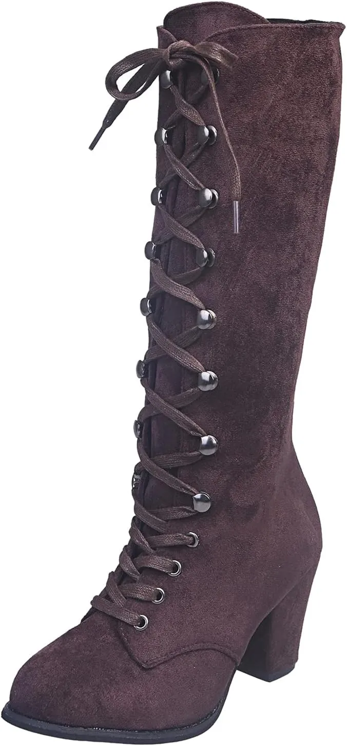 Lace Up Platform Boots for Women Low Heel Fashion Dressy Mid Calf Boots Lace up Combat Boots Leather Winter Boots Medieval Steampunk Boots Renaissance Cosplay
