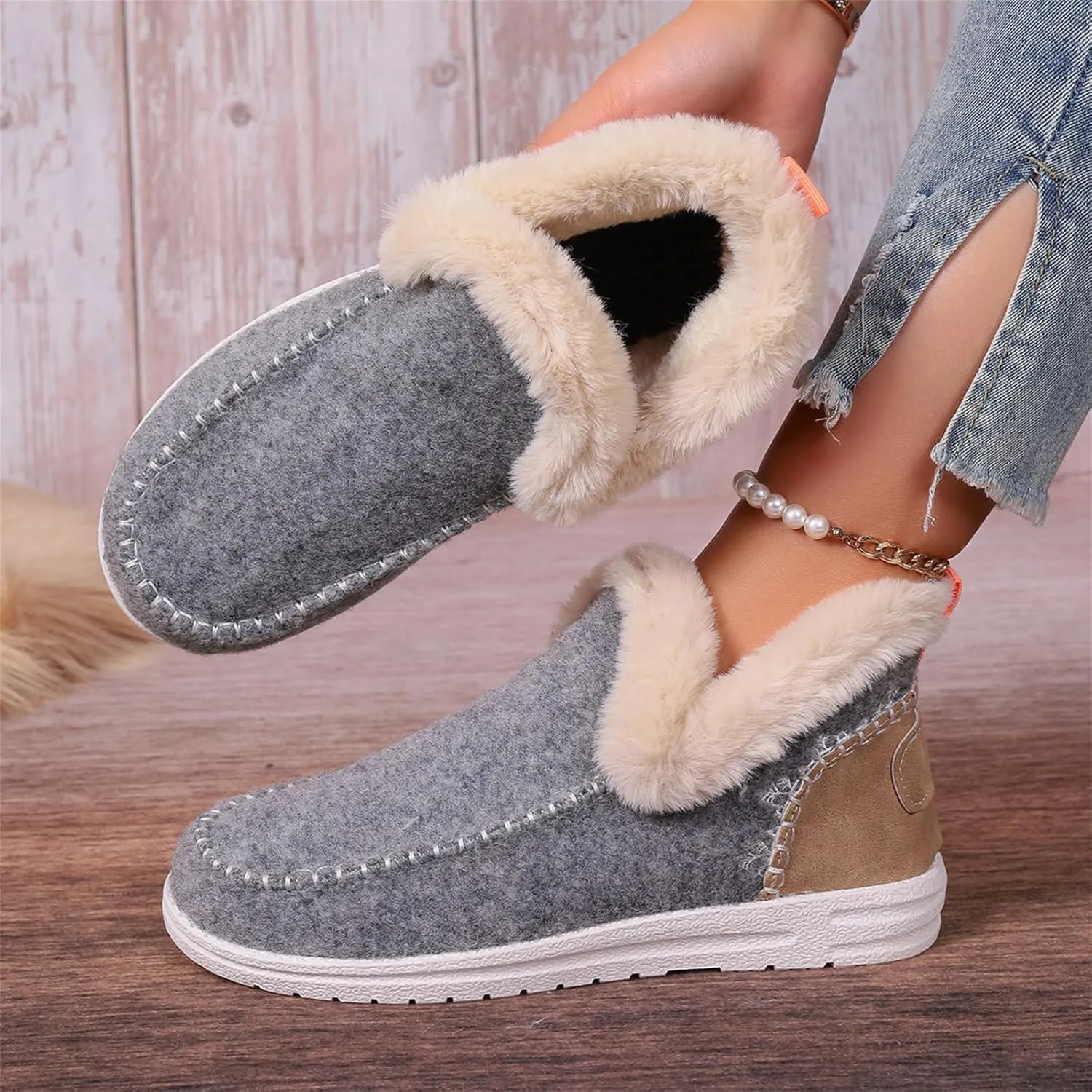 Ladmiple Boots For Women Ankle Booties Winter Snow Boots Warm Slip On Outdoor Fur Lined Comfortable Fashion Loafers Shoes