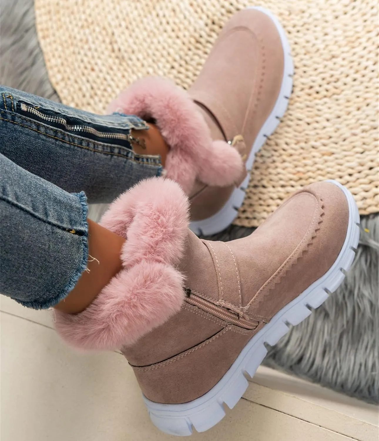 Ladmiple Snow Boots For Women Wide Calf Winter Boots Classic Faux Fur Lined Slip On Ankle Boots Fashion Warm Walking Shoes