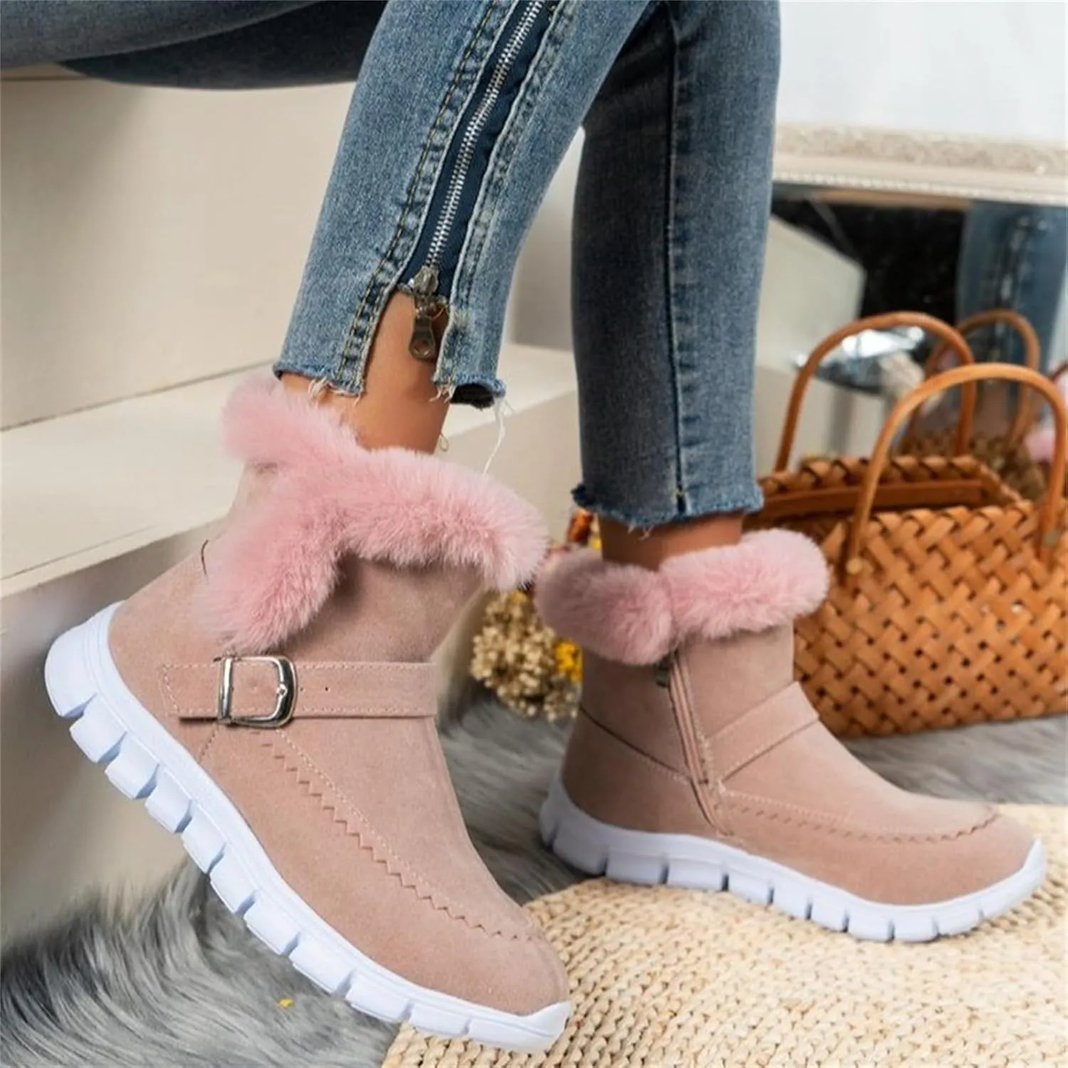 Ladmiple Snow Boots For Women Wide Calf Winter Boots Classic Faux Fur Lined Slip On Ankle Boots Fashion Warm Walking Shoes