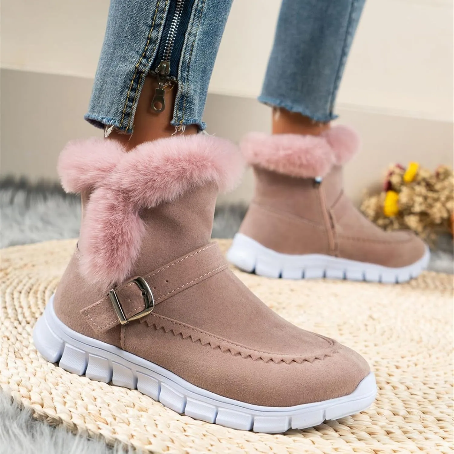 Ladmiple Snow Boots For Women Wide Calf Winter Boots Classic Faux Fur Lined Slip On Ankle Boots Fashion Warm Walking Shoes