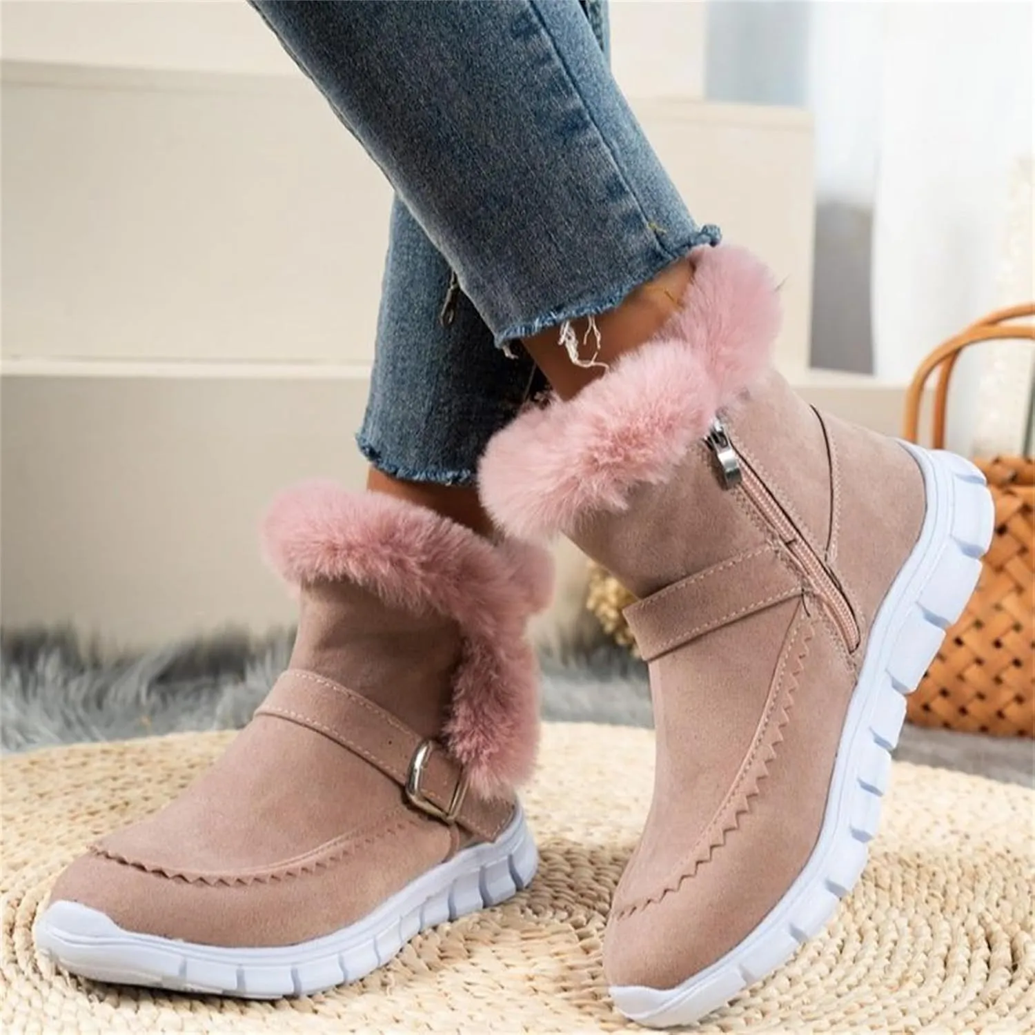 Ladmiple Snow Boots For Women Wide Calf Winter Boots Classic Faux Fur Lined Slip On Ankle Boots Fashion Warm Walking Shoes