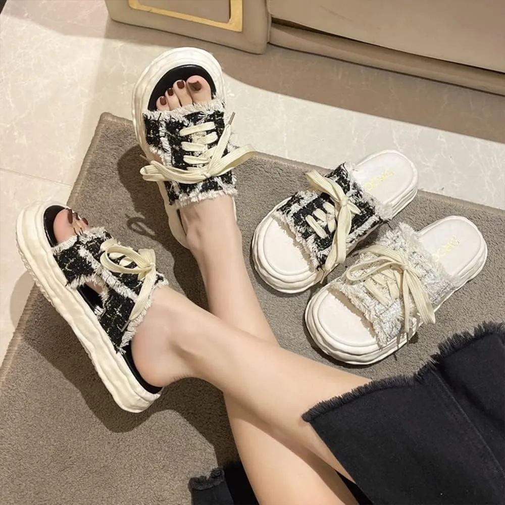 LAPRBY Women's Sandals Open-toe Denim In Backless Canvas Shoes Step on Cloud Platform Sandals