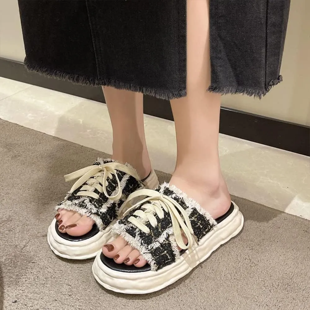 LAPRBY Women's Sandals Open-toe Denim In Backless Canvas Shoes Step on Cloud Platform Sandals