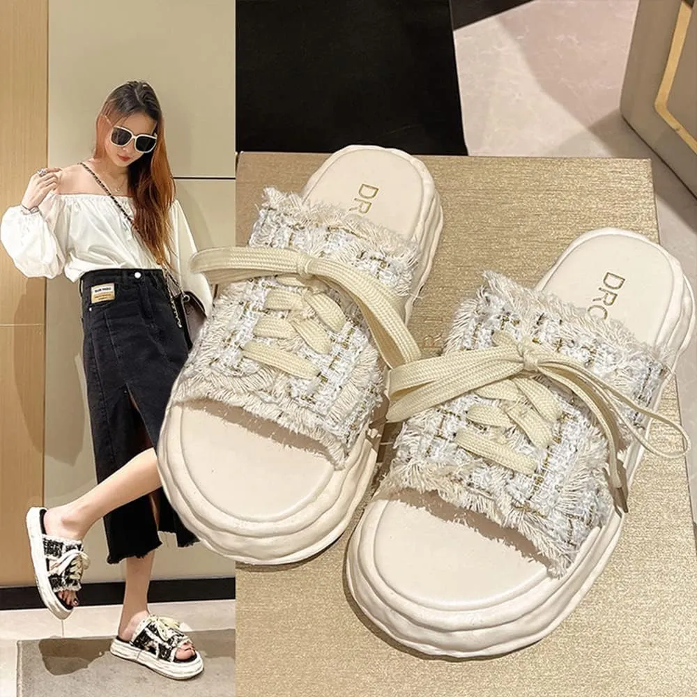 LAPRBY Women's Sandals Open-toe Denim In Backless Canvas Shoes Step on Cloud Platform Sandals