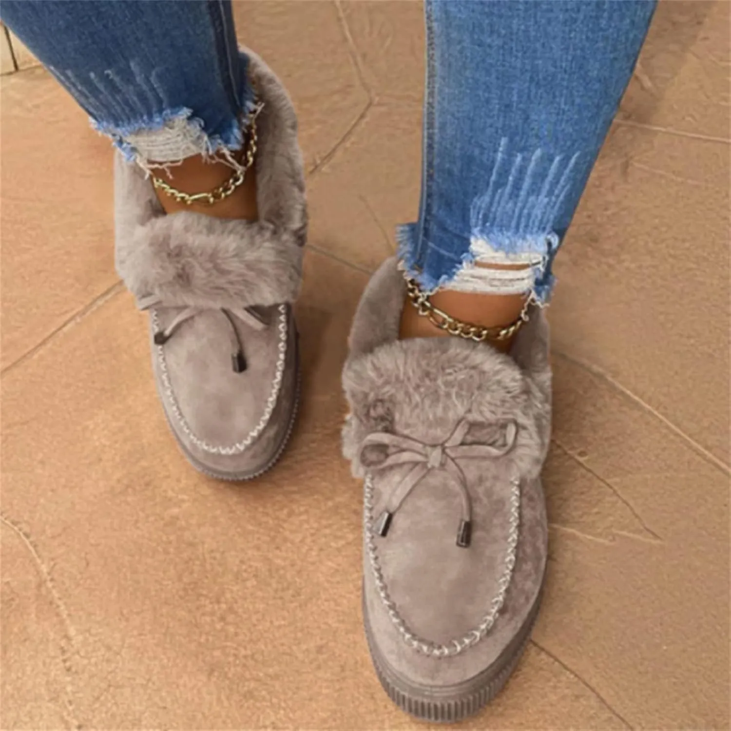 Lausiuoe Winter Boots For Women 2022 With Fur Fuzzy Bootie Silp On Comfortable Casual Warm Fluffy Loafers Ankle Boots
