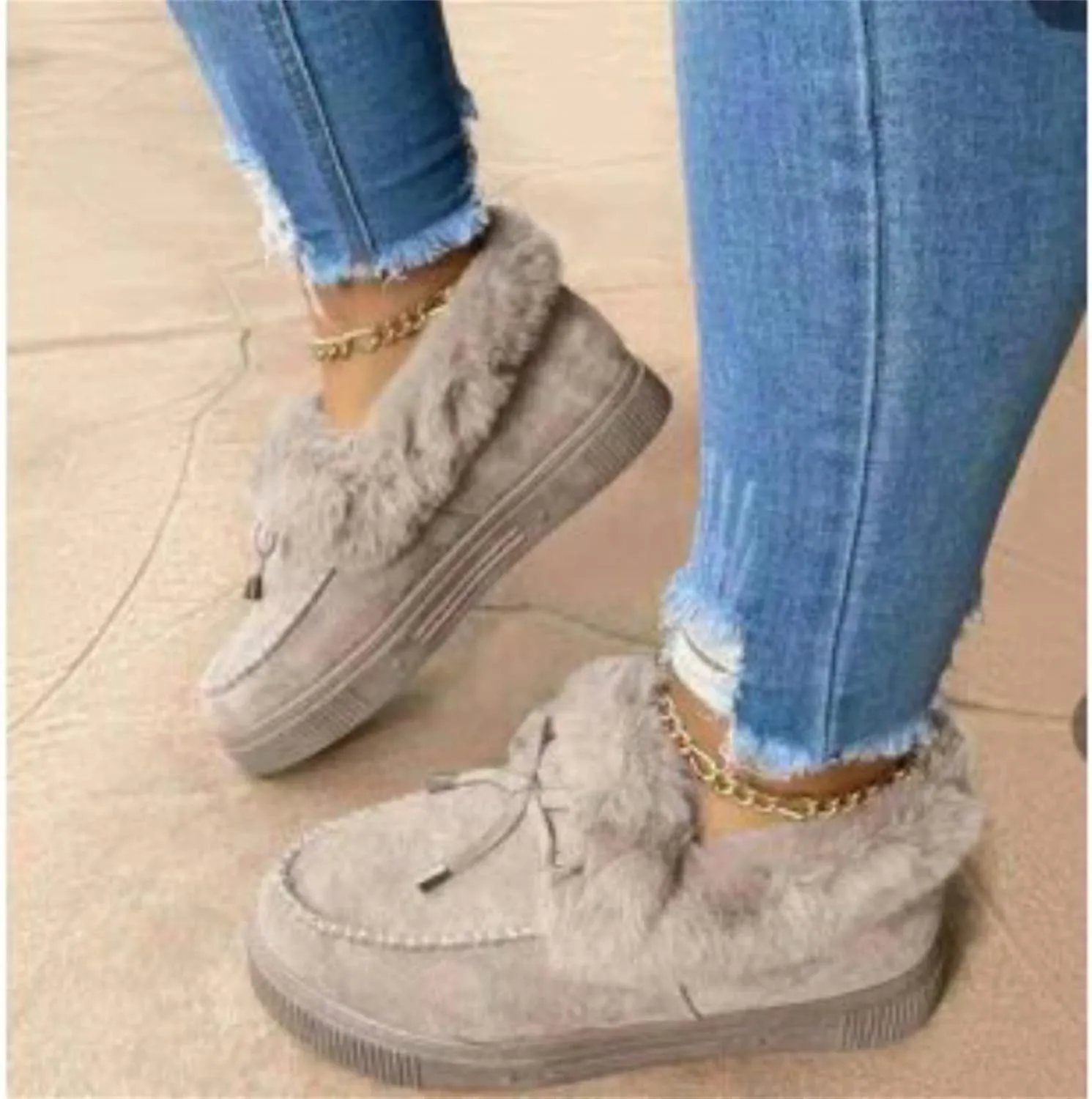 Lausiuoe Winter Boots For Women 2022 With Fur Fuzzy Bootie Silp On Comfortable Casual Warm Fluffy Loafers Ankle Boots