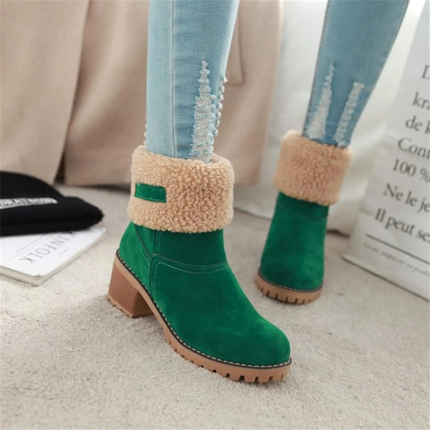 Lausiuoe Winter Boots For Women Fashion Wide Calf Snow Boots Fur Lined Warm Fuzzy booties Casual Outdoor Comfortable Shoes 2022
