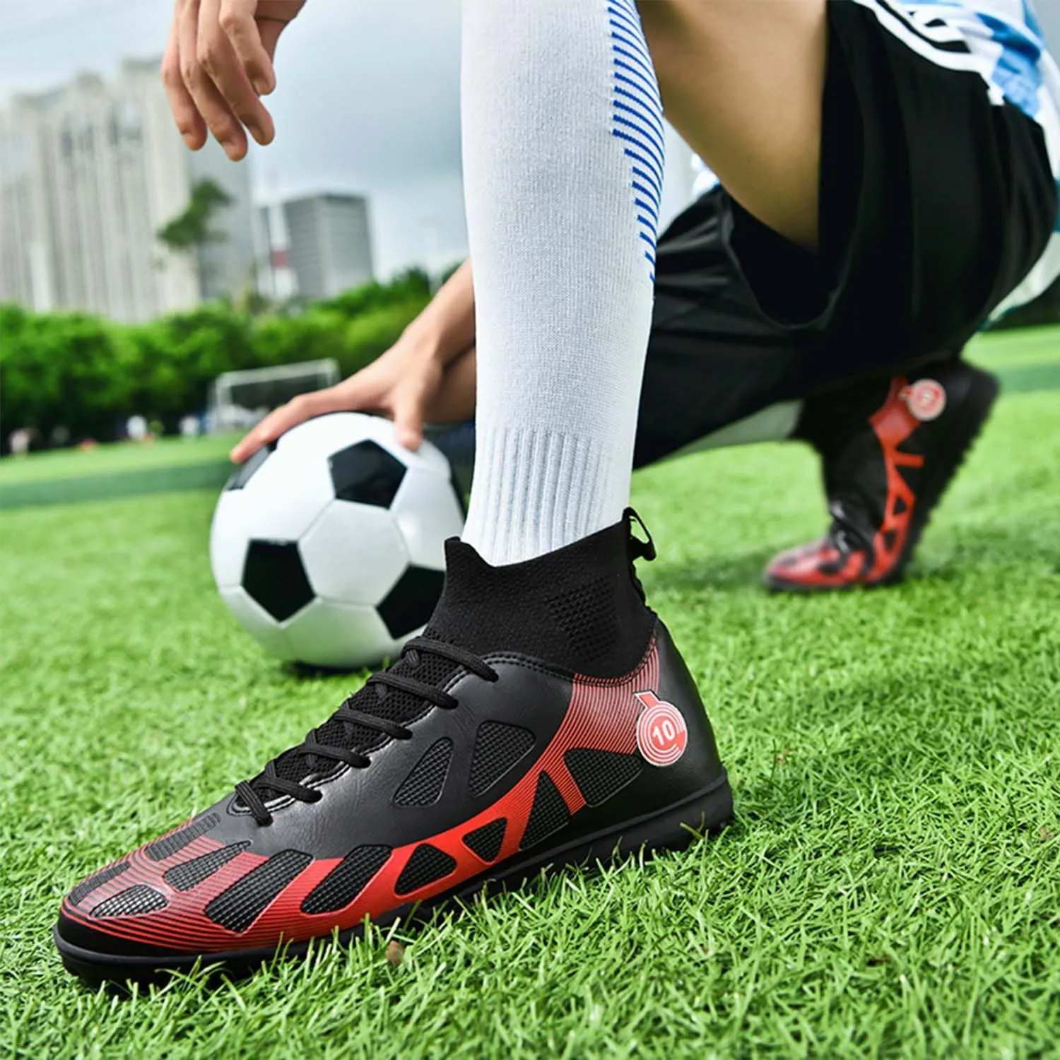 MEBAMY Men's Soccer Shoes Cleats TF High Tops Football Boots for Kids Outdoor Professional Training Athletic Turf Sneaker Rubber Sole