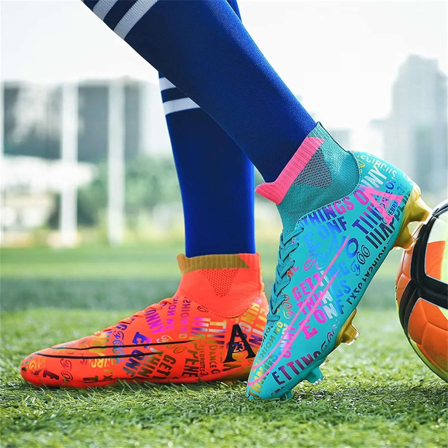 Mens High-Top Soccer Cleats, Colorful Design, Lightweight Comfortable, Sock-Style Ankle Support