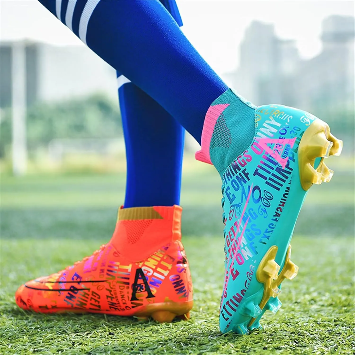 Mens High-Top Soccer Cleats, Colorful Design, Lightweight Comfortable, Sock-Style Ankle Support