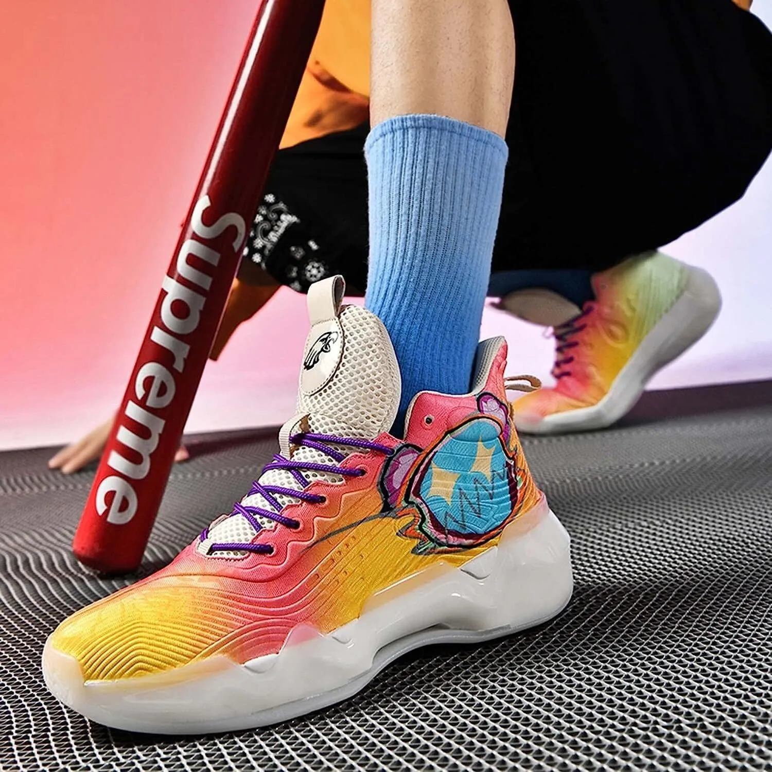 Men's Neutral Fluorescent Basketball Shoes Women's Shoes Super Light Sneakers high top Graffiti Style Combat Shoes