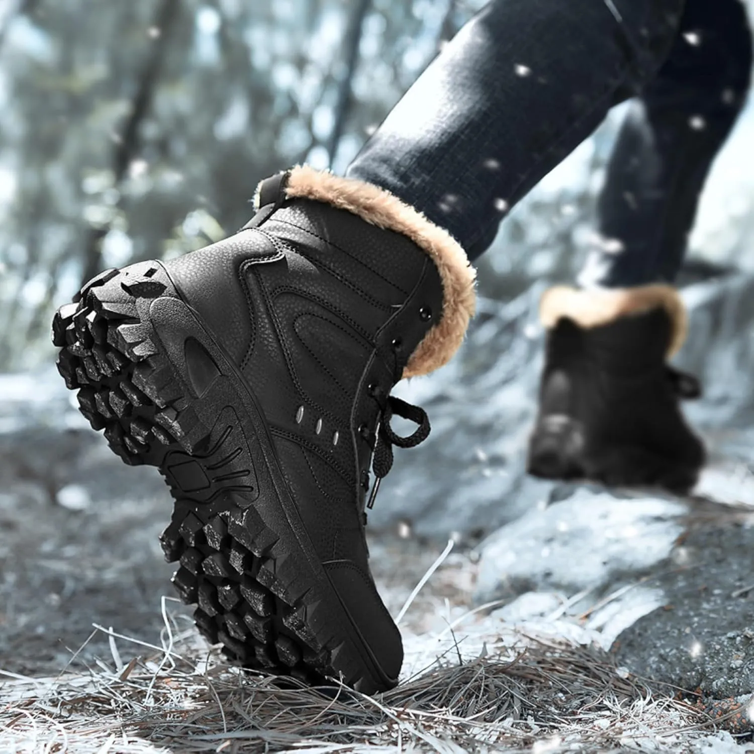 Mens Snow Boots Waterproof Warm Wool Lining Winter Hiking Boots,Non-Slip Outdoor Comfort Warm Work Boots Hiker Trekking Trail