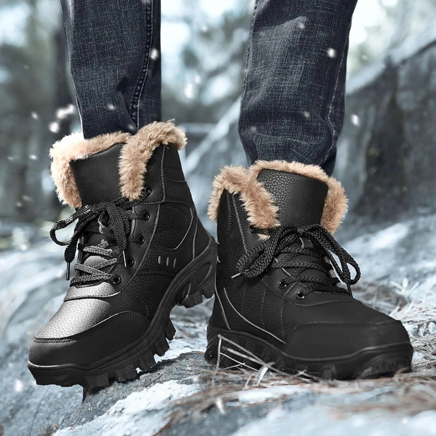 Mens Snow Boots Waterproof Warm Wool Lining Winter Hiking Boots,Non-Slip Outdoor Comfort Warm Work Boots Hiker Trekking Trail
